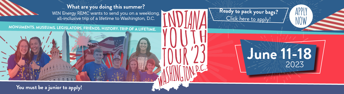 Indiana Youth Tour Logo with red background call to action to apply today! Click on image to apply. 