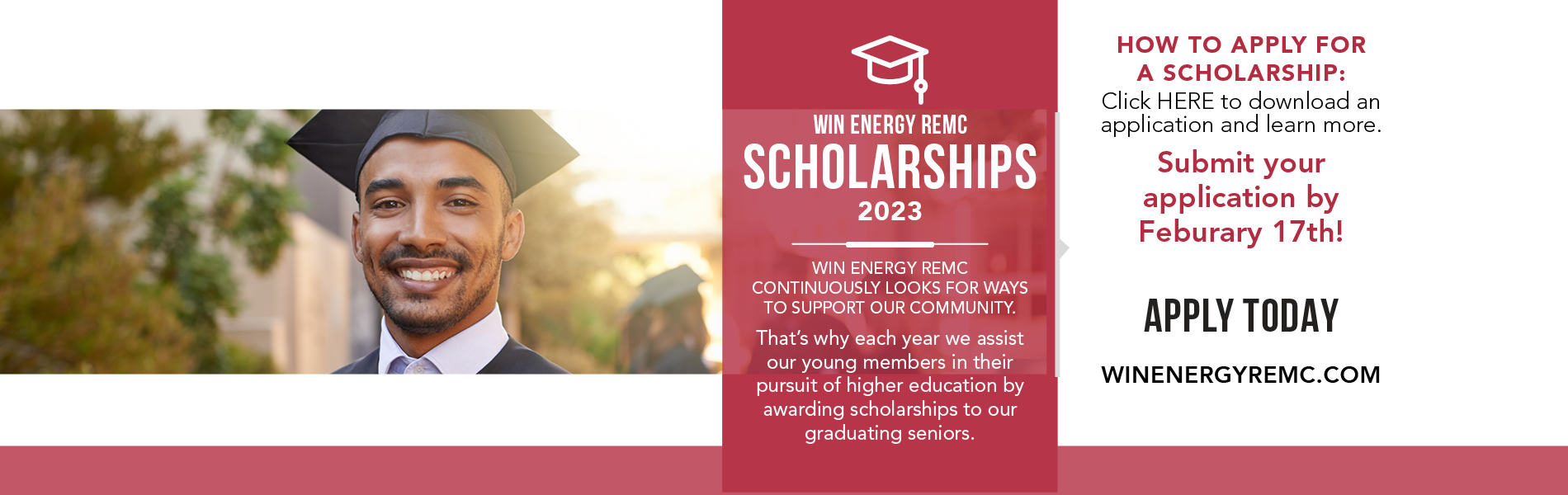 Image of graduate on white background with information on WIN Energy REMC Scholarships due to WIN Energy REMC February 17.