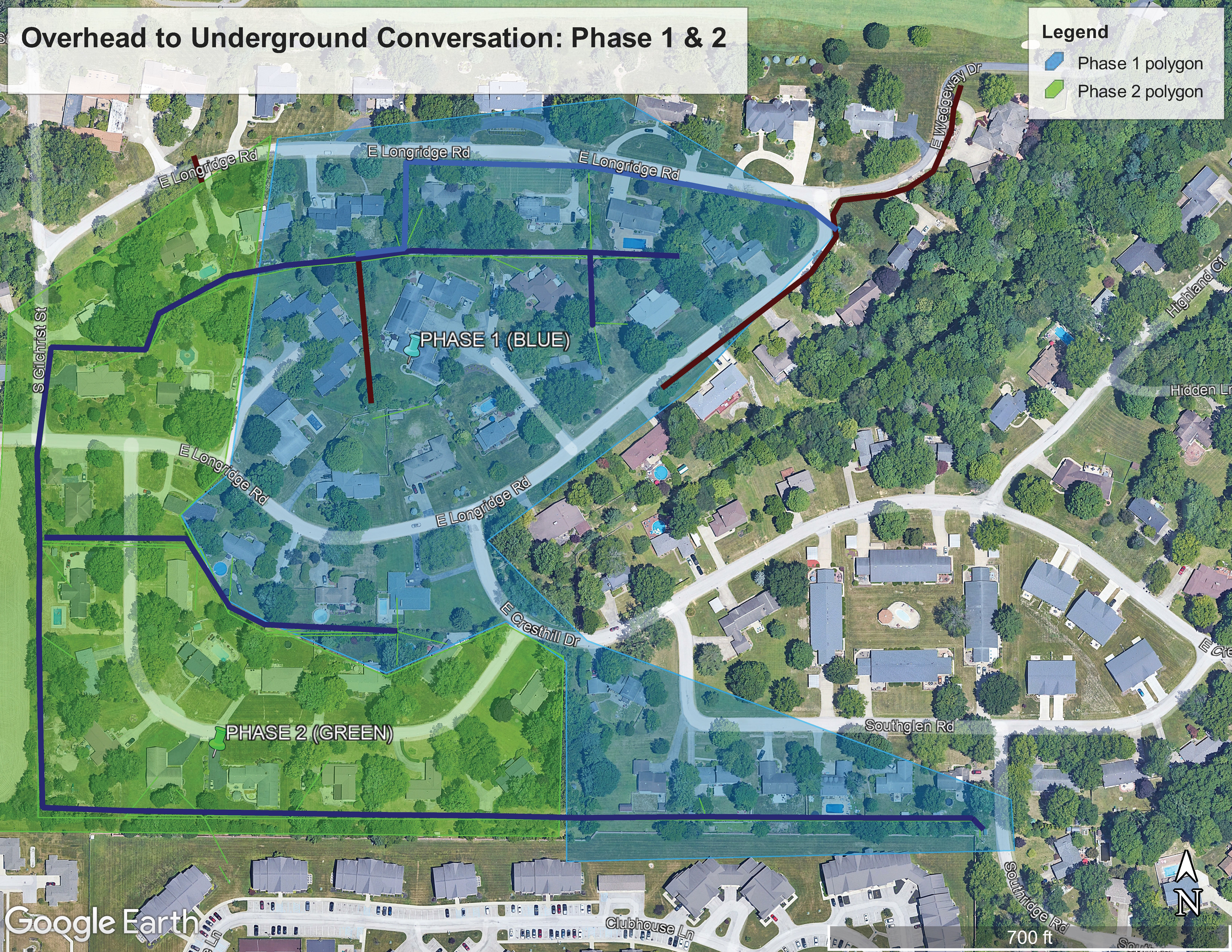 See a map of the project area with blue highlighting phase 1 and green highlighting phase 2.  Future power line route is listed on the map in dark blue and burgundy. 